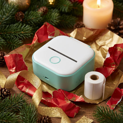 Grön mini etikettskrivare som julklapp