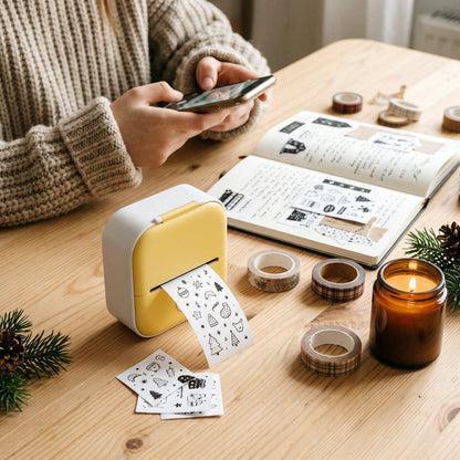 Gul mini etikettskrivare skriver ut klistermärken