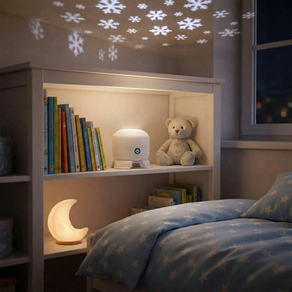Snöflinge-projektor i barnrummet på bokhyllan