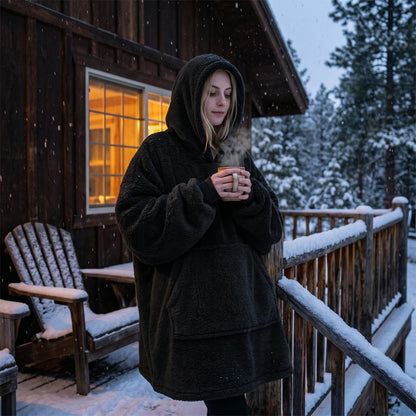 Filt-hoodie i svart vid stugan