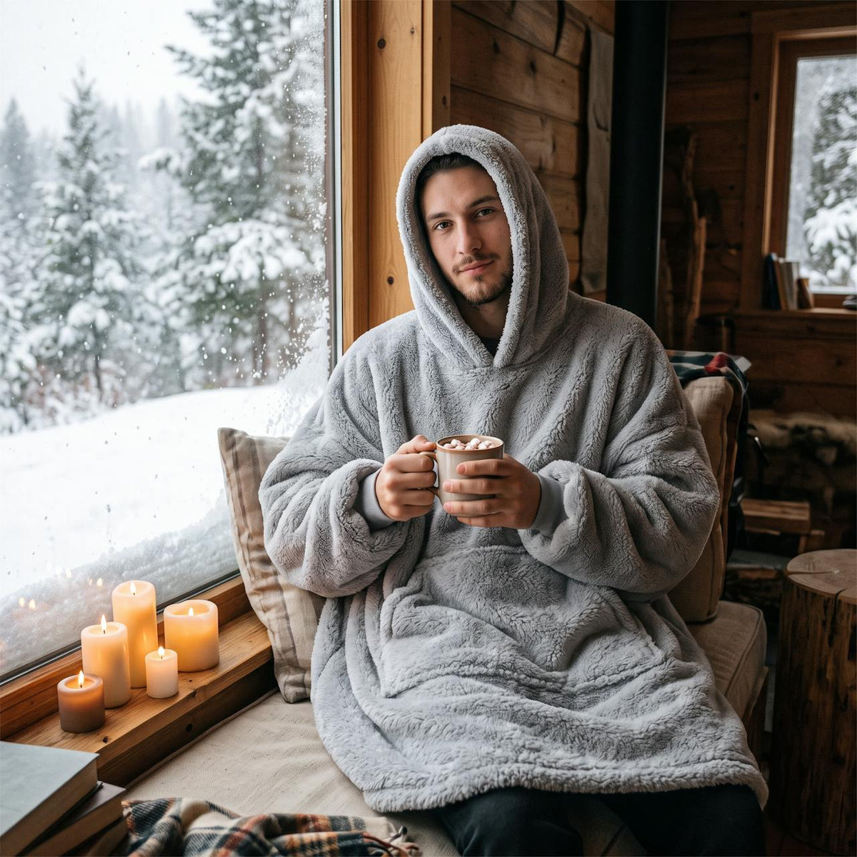 Filt-hoodie i ljusgrått vid snöigt fönster