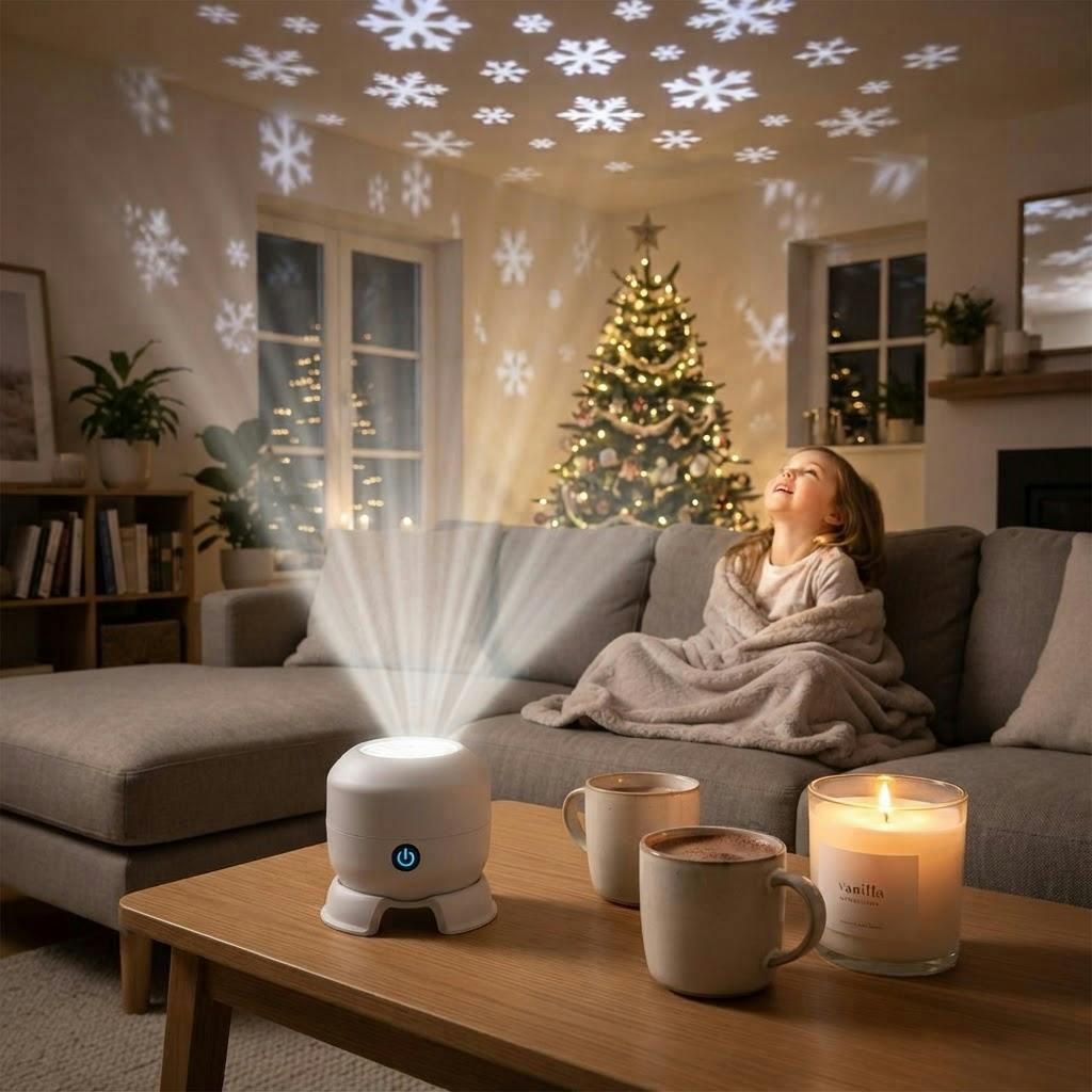 Snöflinge-projektor i vardagsrummet med snöflingor i taket