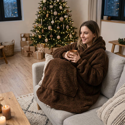Filt-hoodie i brunt – mysig julkväll i soffan
