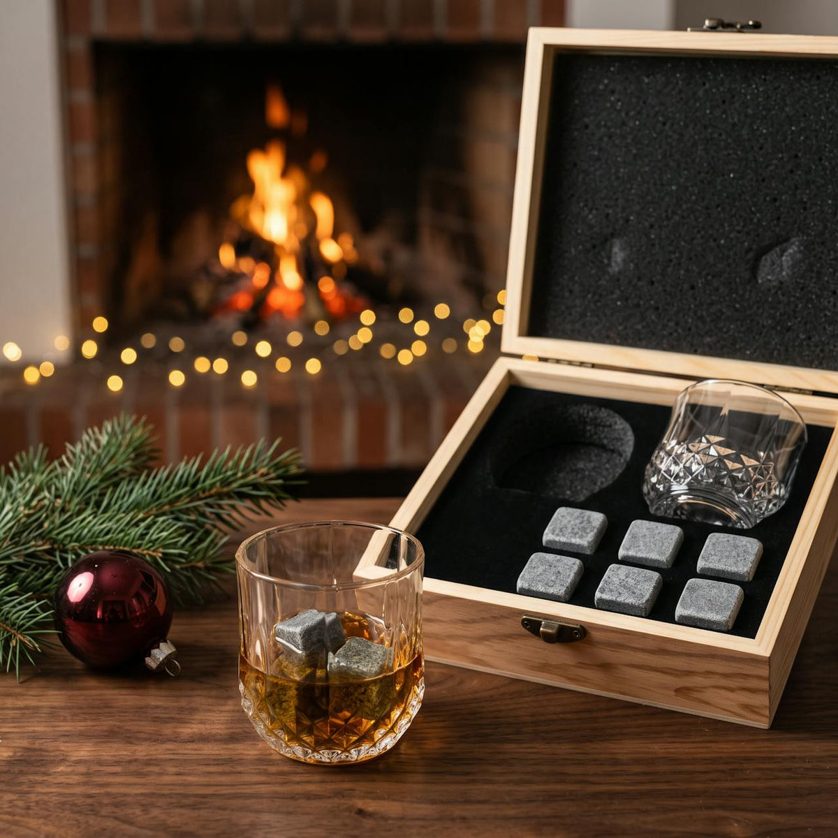 Whiskyset med glas och whiskystenar vid brasan