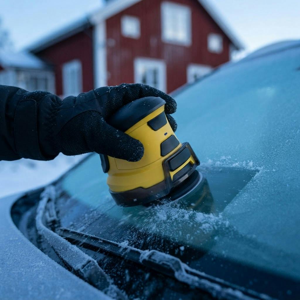 Elektrisk isskrapa tar bort is på vindrutan en vintermorgon