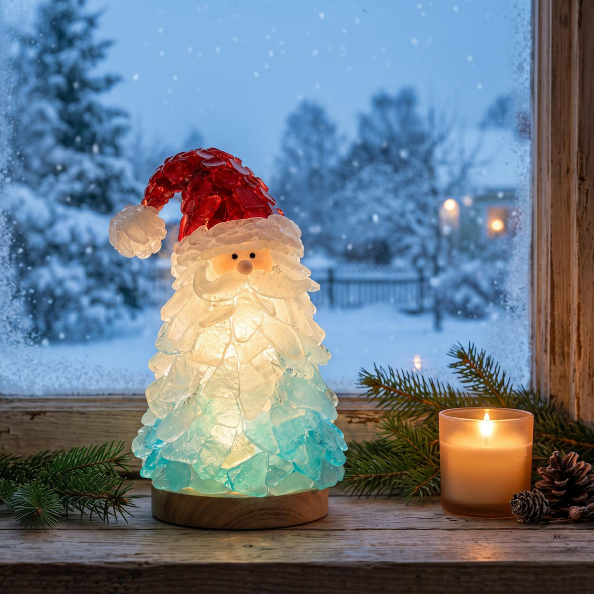 Lysande tomte i sjöglas på fönsterbänken