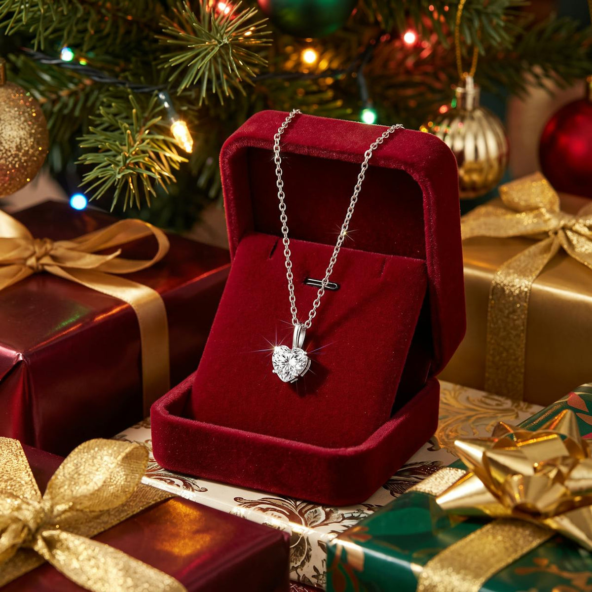Moissanit-halsband i presentask under granen