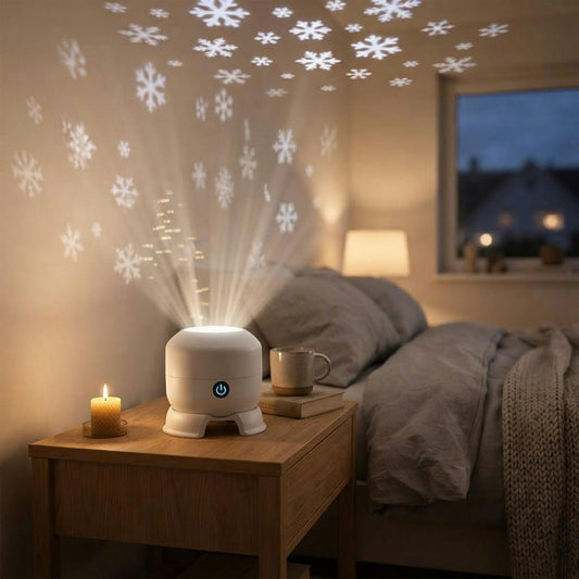 Snöflinge-projektor på nattduksbordet bredvid en kaffekopp