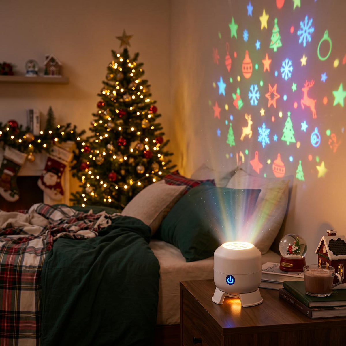 Snöflinge-projektor med julmotiv på väggen