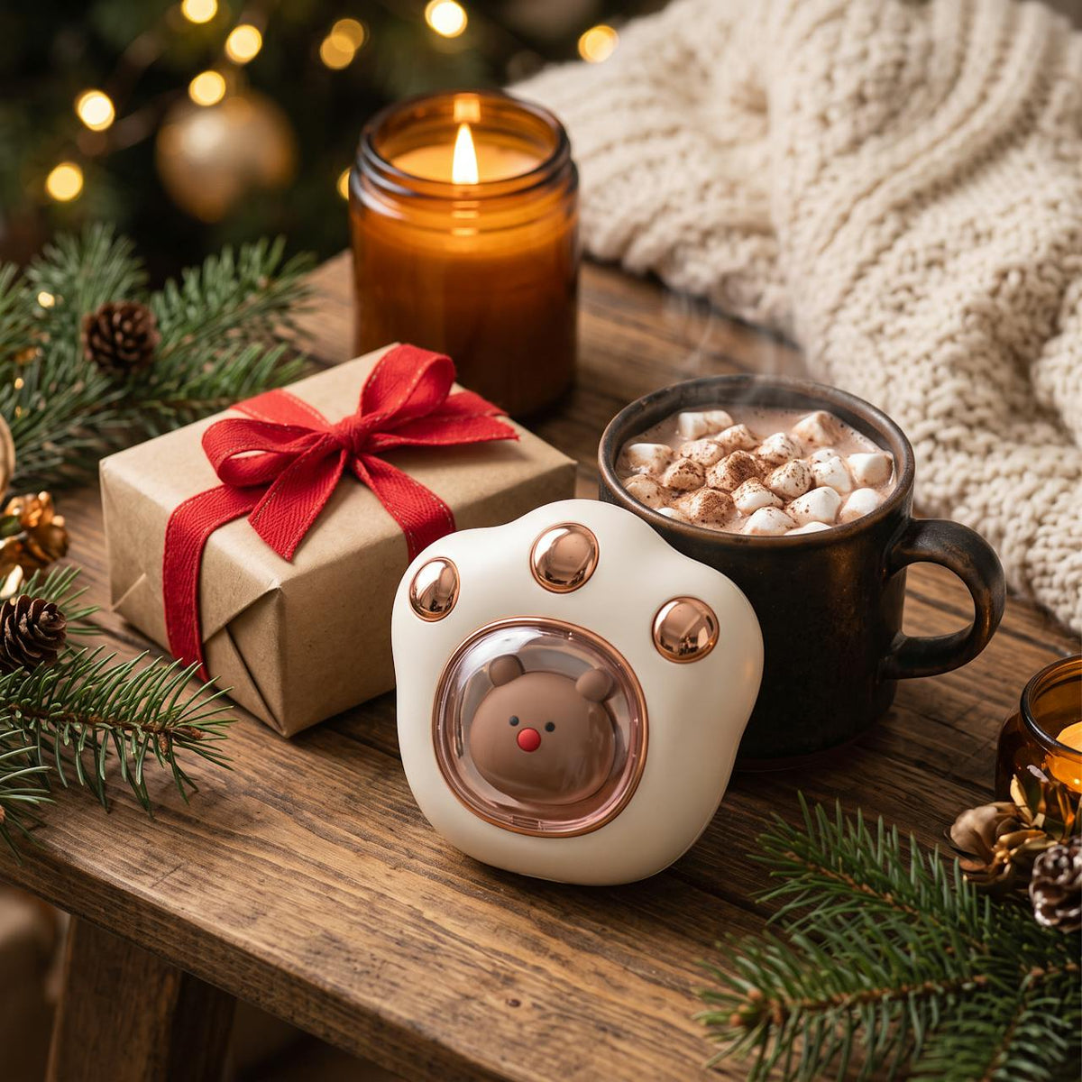 Vit handvärmare som julklapp med varm choklad