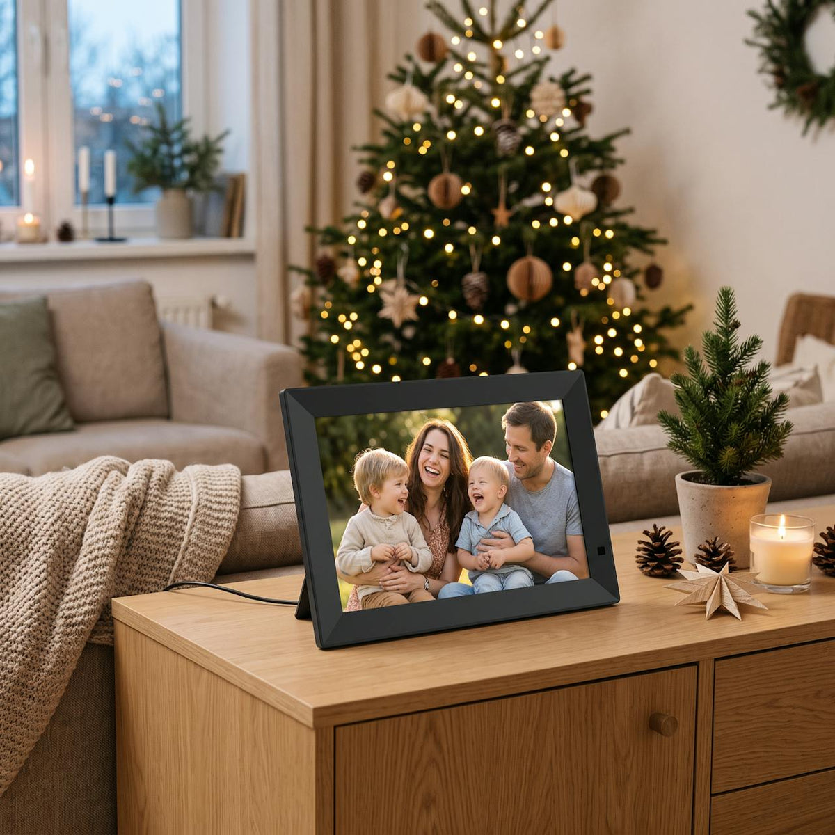 Digital fotoram med familjebild i vardagsrummet