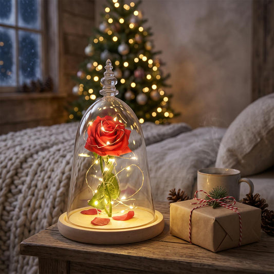 Evig ros i glaskupa med LED-ljus – julmiljö