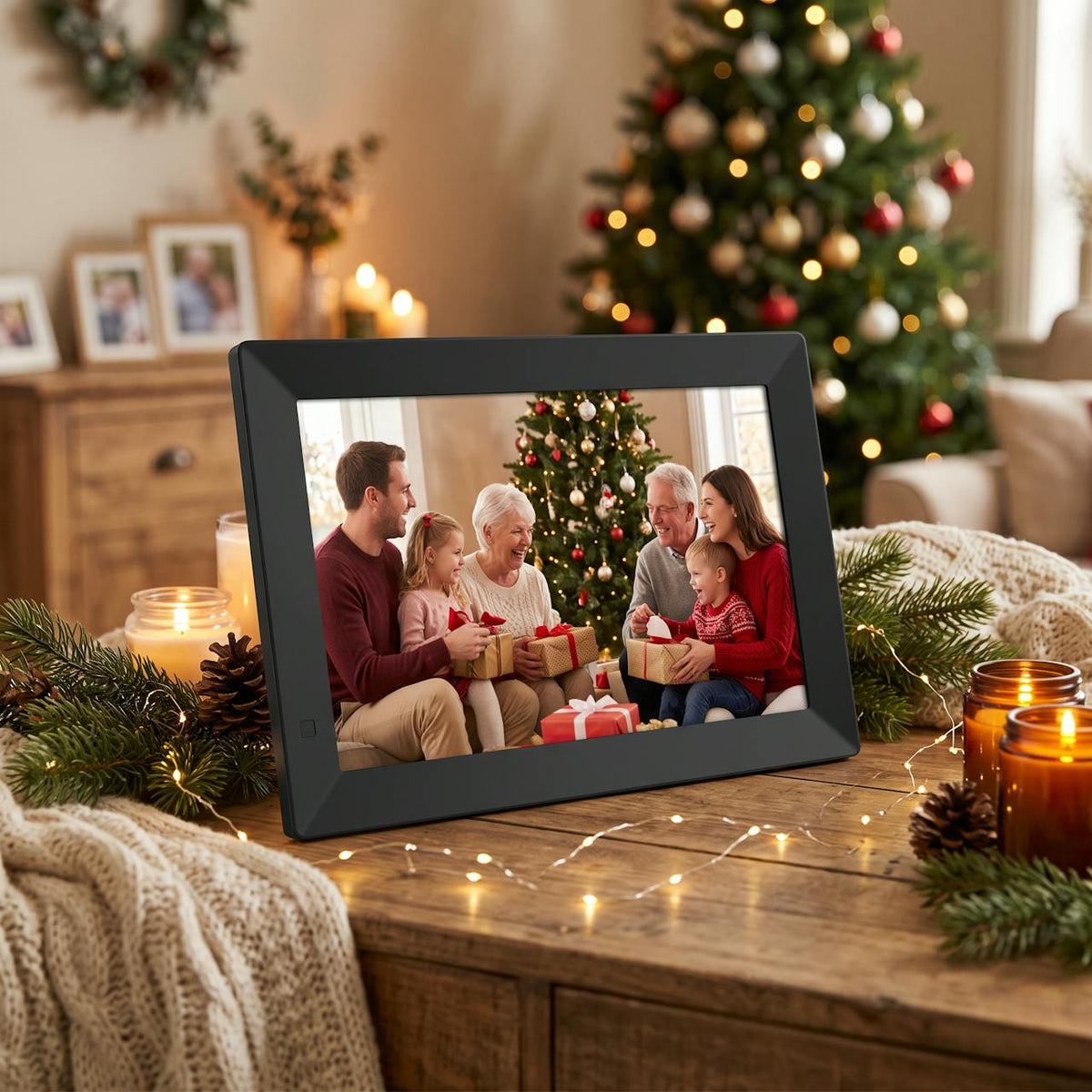 Digital fotoram med familjebild – julmiljö